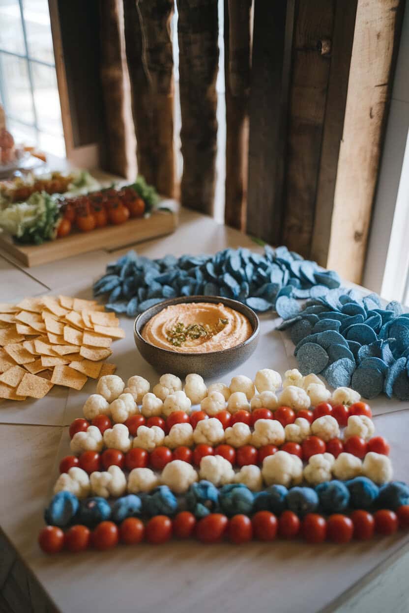 Indoor appetizer table showing rows of cherry tomatoes, cauliflower florets, and blue corn tortilla chips arranged like a flag around a bowl of hummus, no text or logos, photo style
