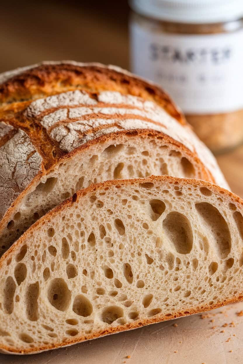 Close-up indoor photo of a sliced sourdough loaf showing an open, airy crumb and blistered crust, starter jar blurred in the background. No text or logos present.