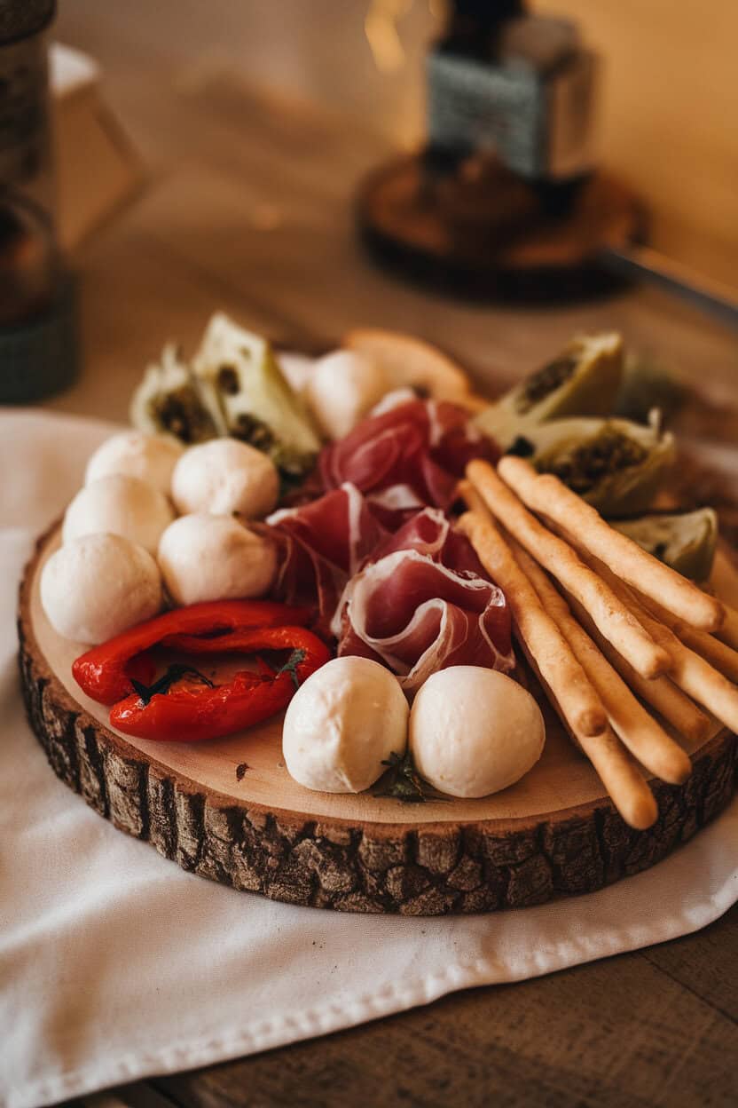 Photo indoors of a rustic board featuring mozzarella balls, prosciutto, roasted red peppers, artichoke hearts, and grissini breadsticks, warm light, logo-free.