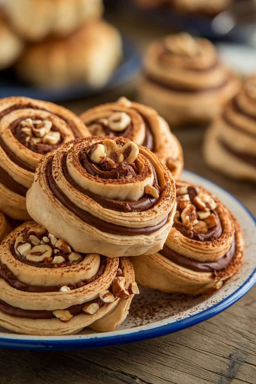 Indoor plate of flaky rugelach spirals filled with chocolate-hazelnut spread and chopped nuts, lightly dusted with cocoa powder; no text or logos.