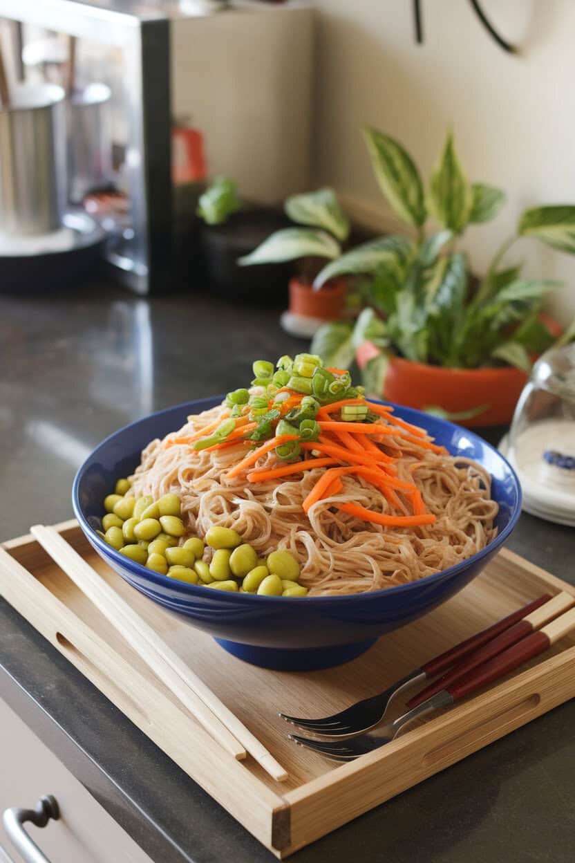 An indoor countertop with a large bowl of chilled noodles, shelled edamame, carrot matchsticks, and scallions tossed in sesame dressing. No text or logos; photo, not illustration.