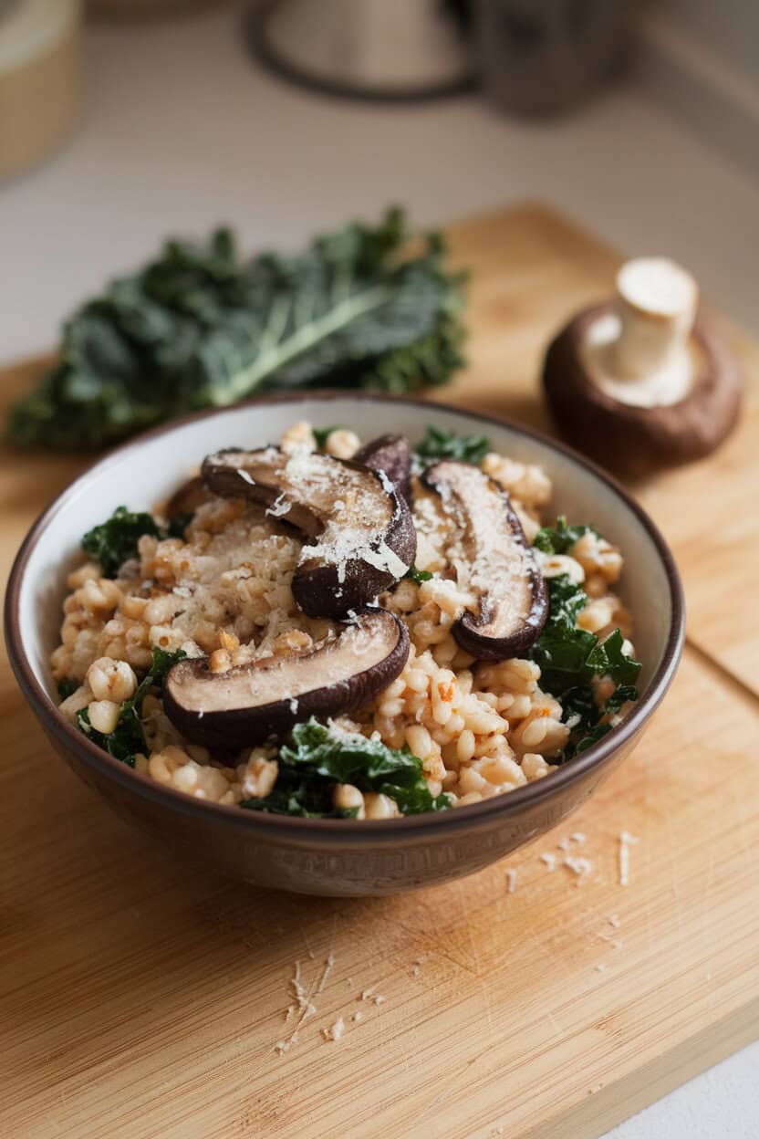 Indoor countertop showing a deep bowl of barley tossed with roasted portobello slices and kale, finished with grated Parmesan. No text or logos. Photo.