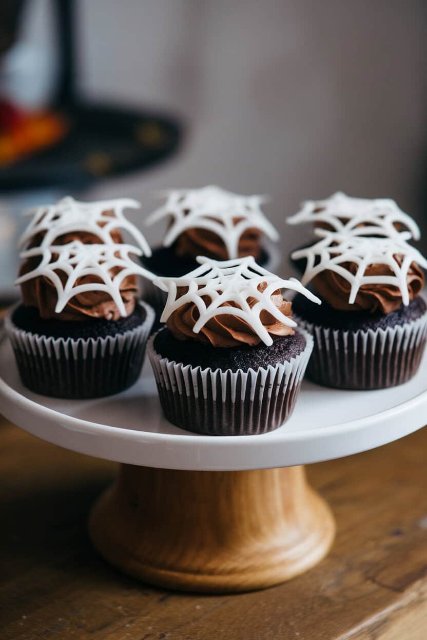 Photo, not illustration. Indoor cupcake stand with chocolate cupcakes topped in white “cobweb” spun marshmallow strands. No text or logos anywhere.