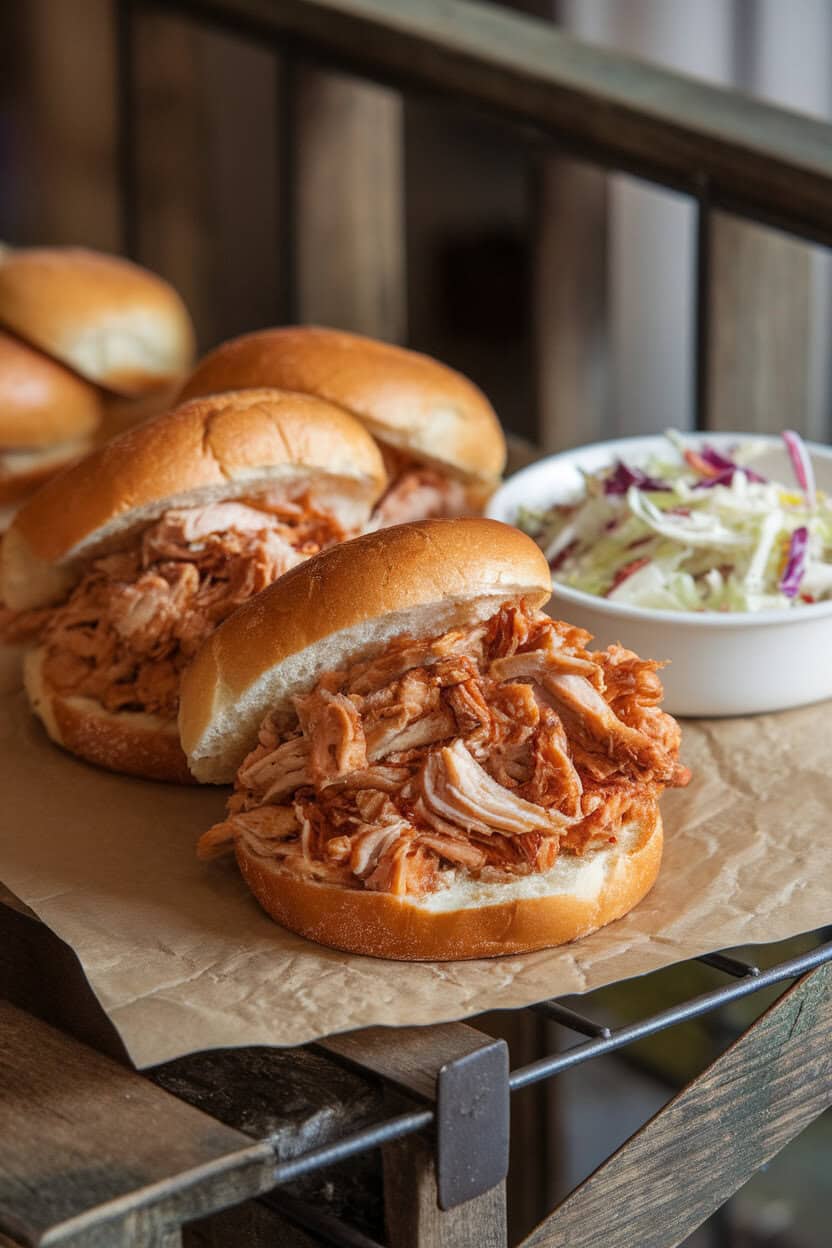 An indoor picnic-style table showing shredded barbecue chicken piled on brioche buns with coleslaw beside it; no text or logos; photo
