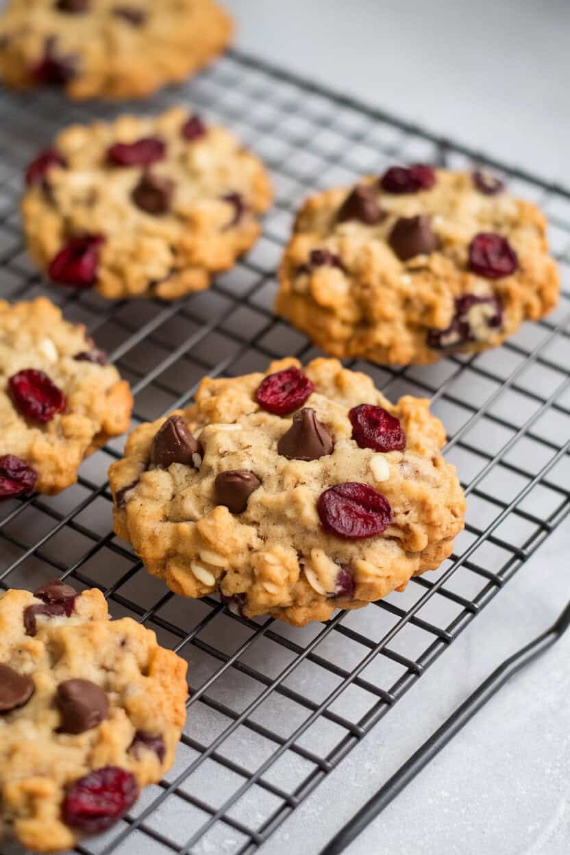 Photo prompt: A cooling rack indoors with cranberry white chocolate oatmeal cookies, chocolate chips still glistening. No text or logos visible.