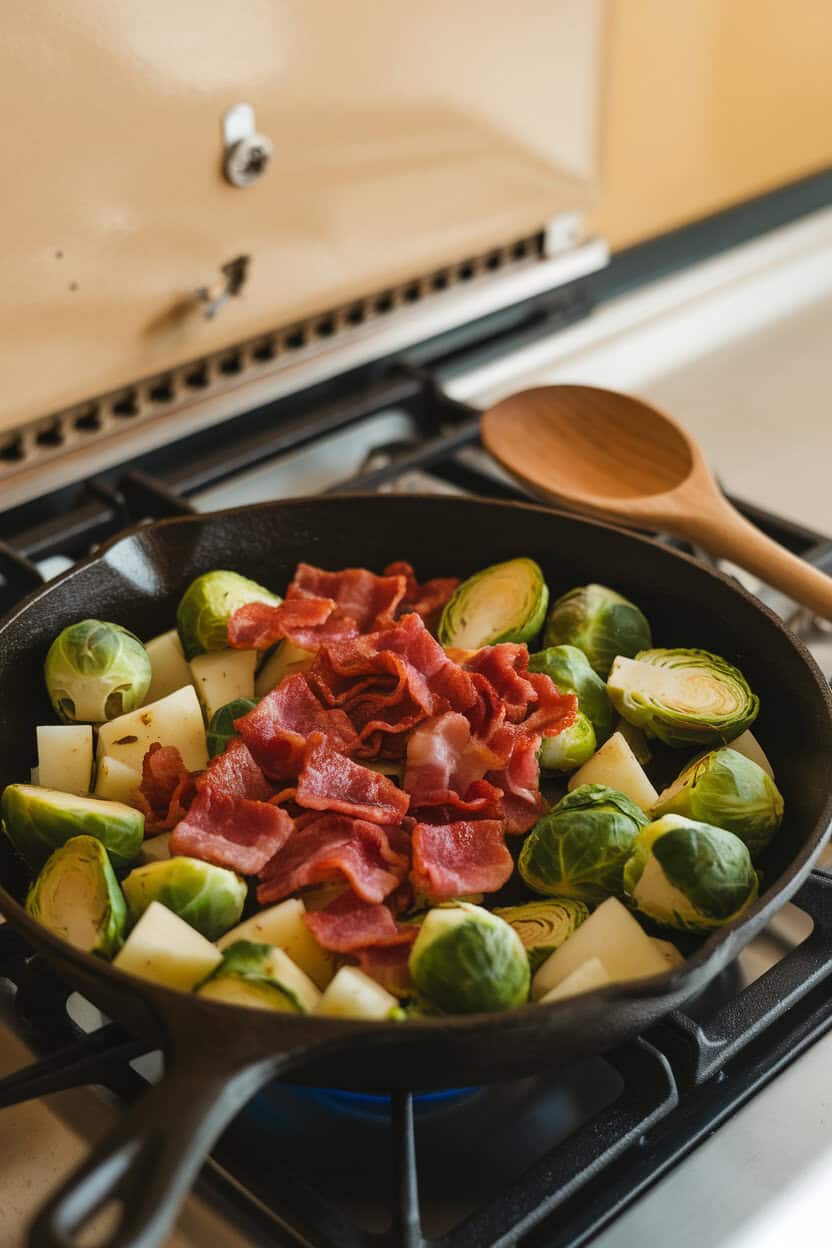 Cast-iron skillet on an indoor stovetop containing crispy bacon pieces, halved Brussels sprouts, and diced potatoes, a wooden spoon resting alongside. No text or logos. Photo, not illustration.