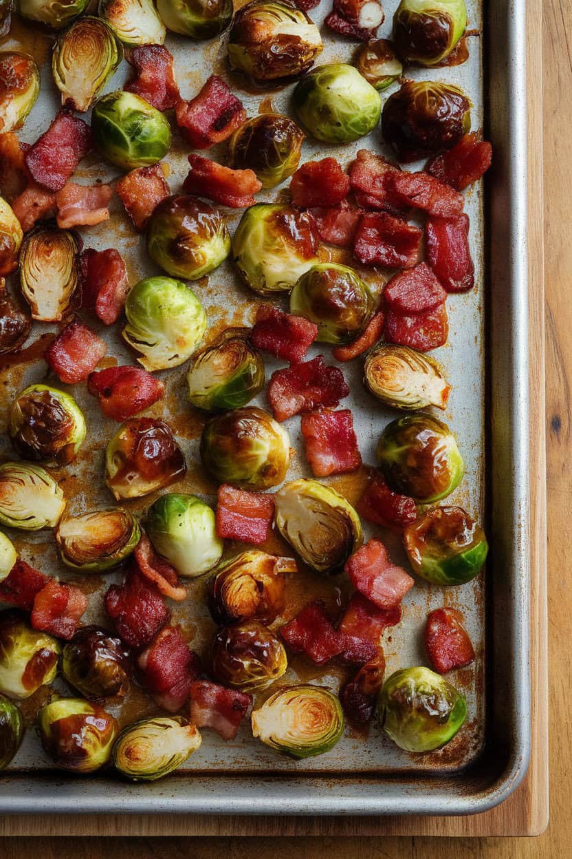 An indoor baking sheet of caramelized Brussels sprouts mixed with crisp bacon pieces, light gleaming off maple glaze—no text or logos.