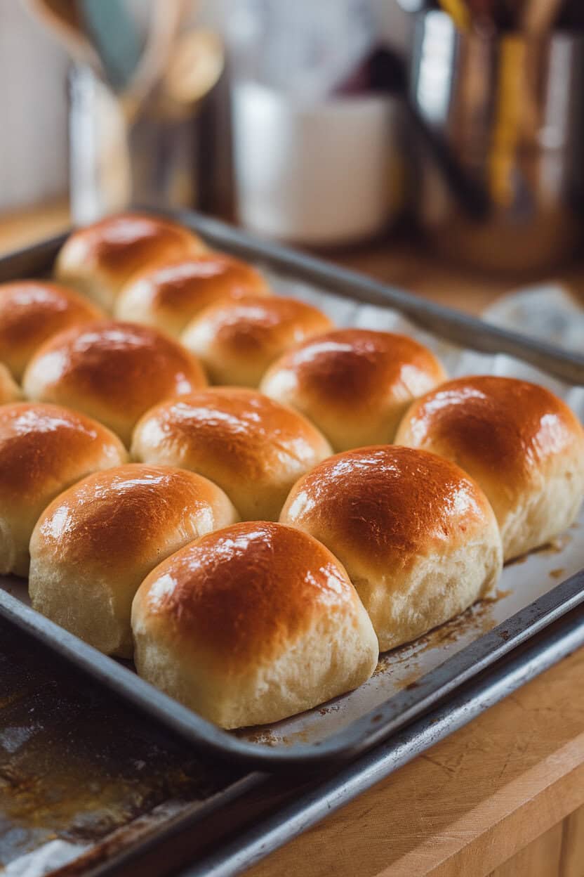 A baking sheet of shiny Parker House rolls brushed with melted butter, photographed indoors. No text or logos. Photo, not illustration.