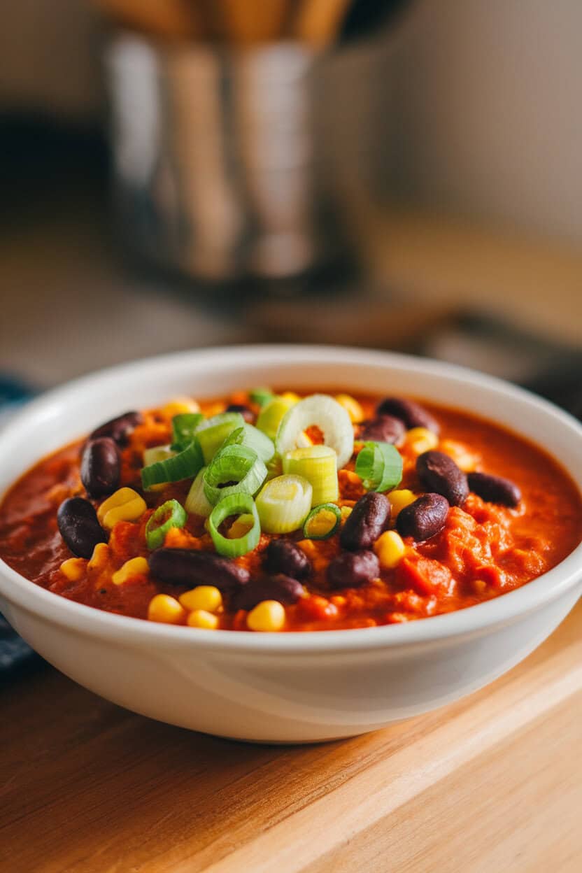 Indoor photo of a colorful chili featuring black beans and yellow corn in a tomato base, garnished with sliced green onions; no text or logos