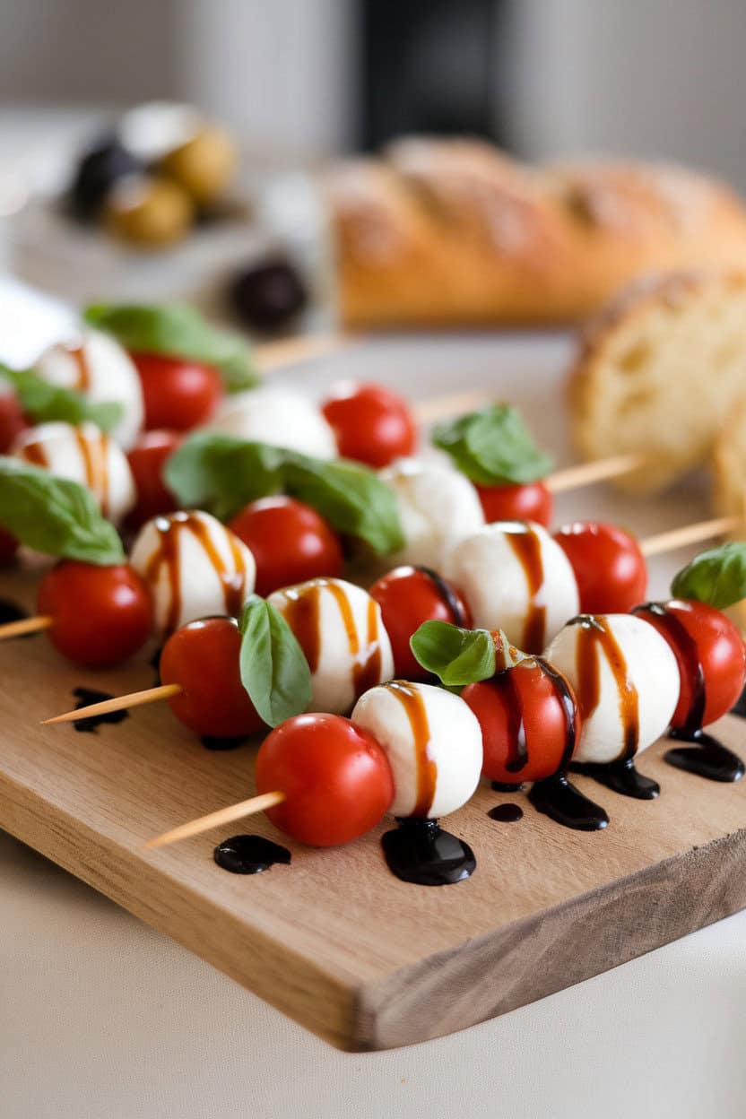Indoor table shot showing mini skewers of cherry tomatoes, mozzarella pearls, and basil leaves drizzled with thick balsamic glaze. No text or logos.