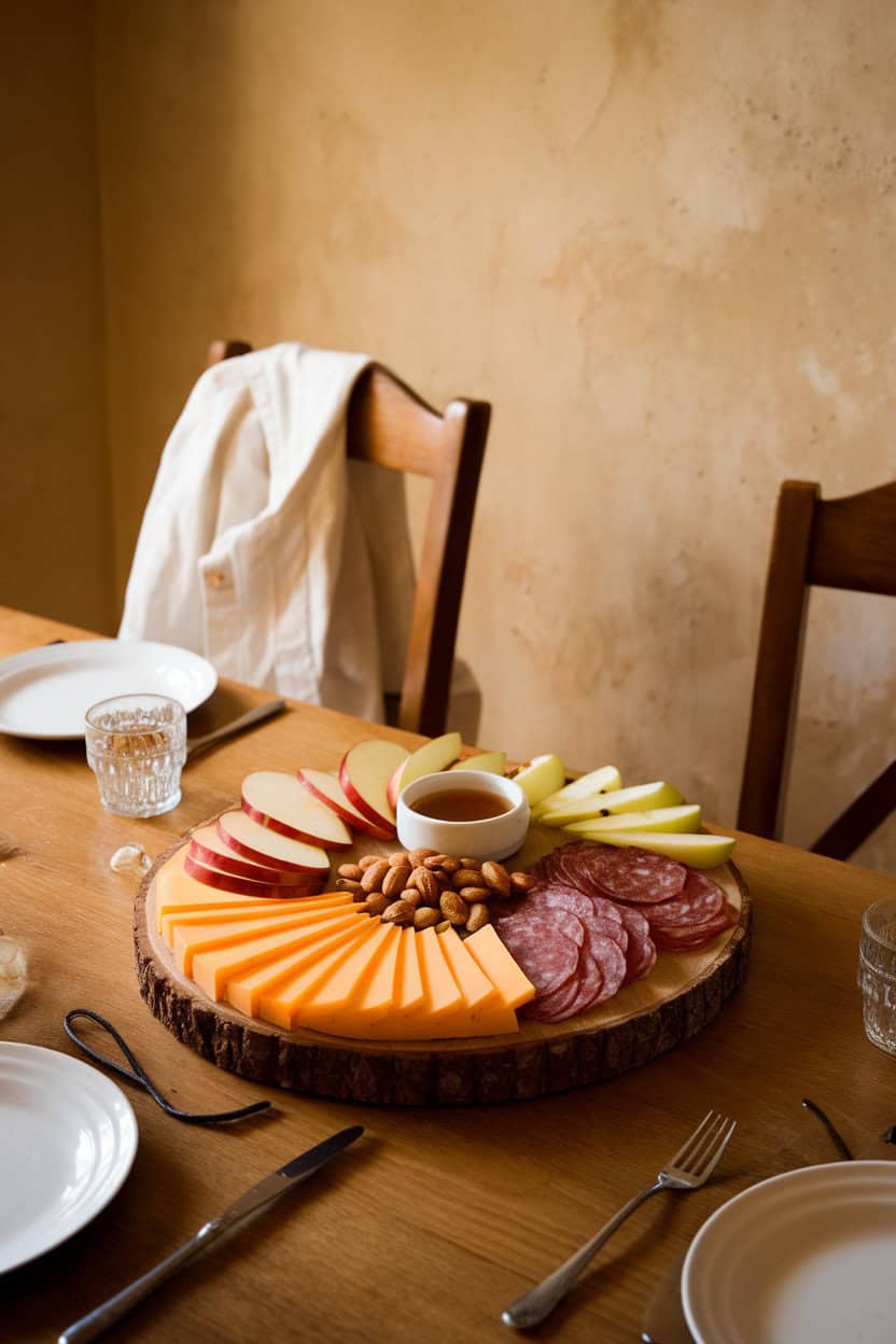 Photo of a warmly lit indoor dining table featuring a wooden board topped with sliced sharp cheddar, thinly cut soppressata, fresh apple wedges, roasted almonds, and a small pot of honey. No text or logos in the scene.