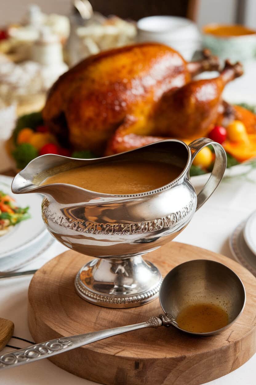 An indoor close-up of a gravy boat filled with rich turkey gravy, a ladle resting nearby. No text or logos. Photo, not illustration.