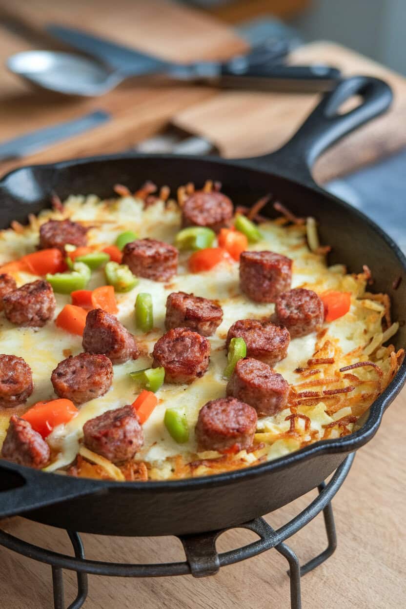 Indoor cast-iron skillet piled high with crispy hash browns, browned sausage, melted cheese, and chopped bell peppers, resting on a trivet. No text or logos. Photo, not illustration.