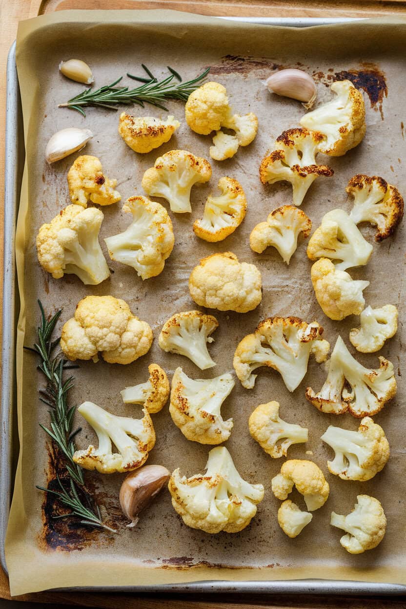 A parchment-lined indoor sheet pan with roasted cauliflower florets coated in parmesan, edges crispy and golden; photo, no text or logos.
