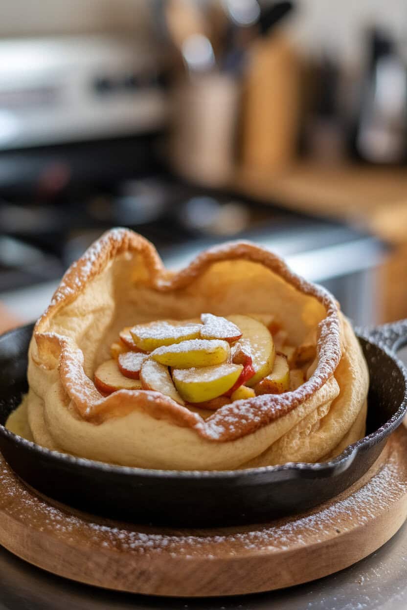 Indoor oven-to-table skillet holding a puffed Dutch baby pancake topped with sautéed cinnamon apples and a dusting of powdered sugar. No text or logos visible. Photo, not illustration.