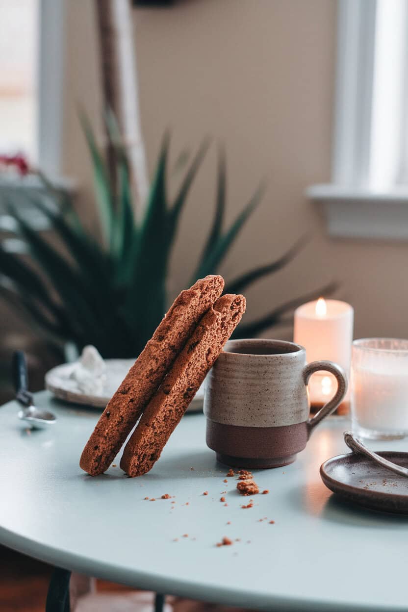 Indoor coffee table with a stack of gingerbread biscotti leaning against a ceramic mug, crumbs visible, no text or logos. Photo only.