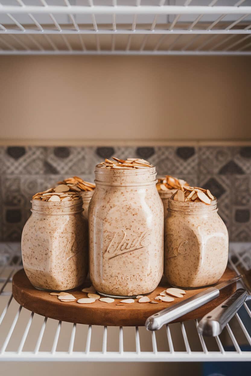 Indoor refrigerator shelf view of mason jars filled with creamy oats speckled with chai spice, topped with sliced almonds. No text or logos visible. Photo, not illustration.