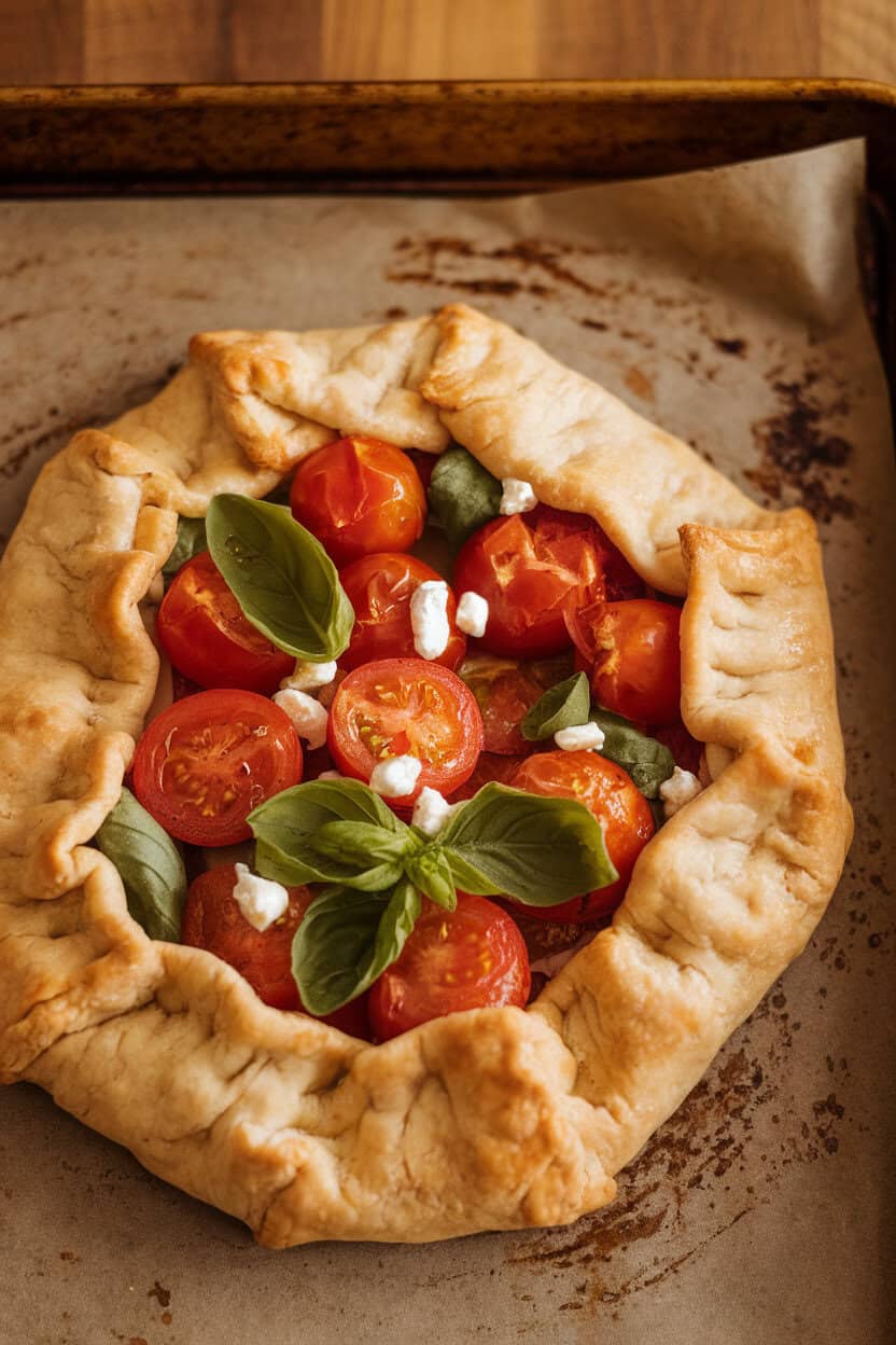 An indoor baking sheet holding a rustic free-form cherry tomato galette with flaky crust edges—photo, no text or logos