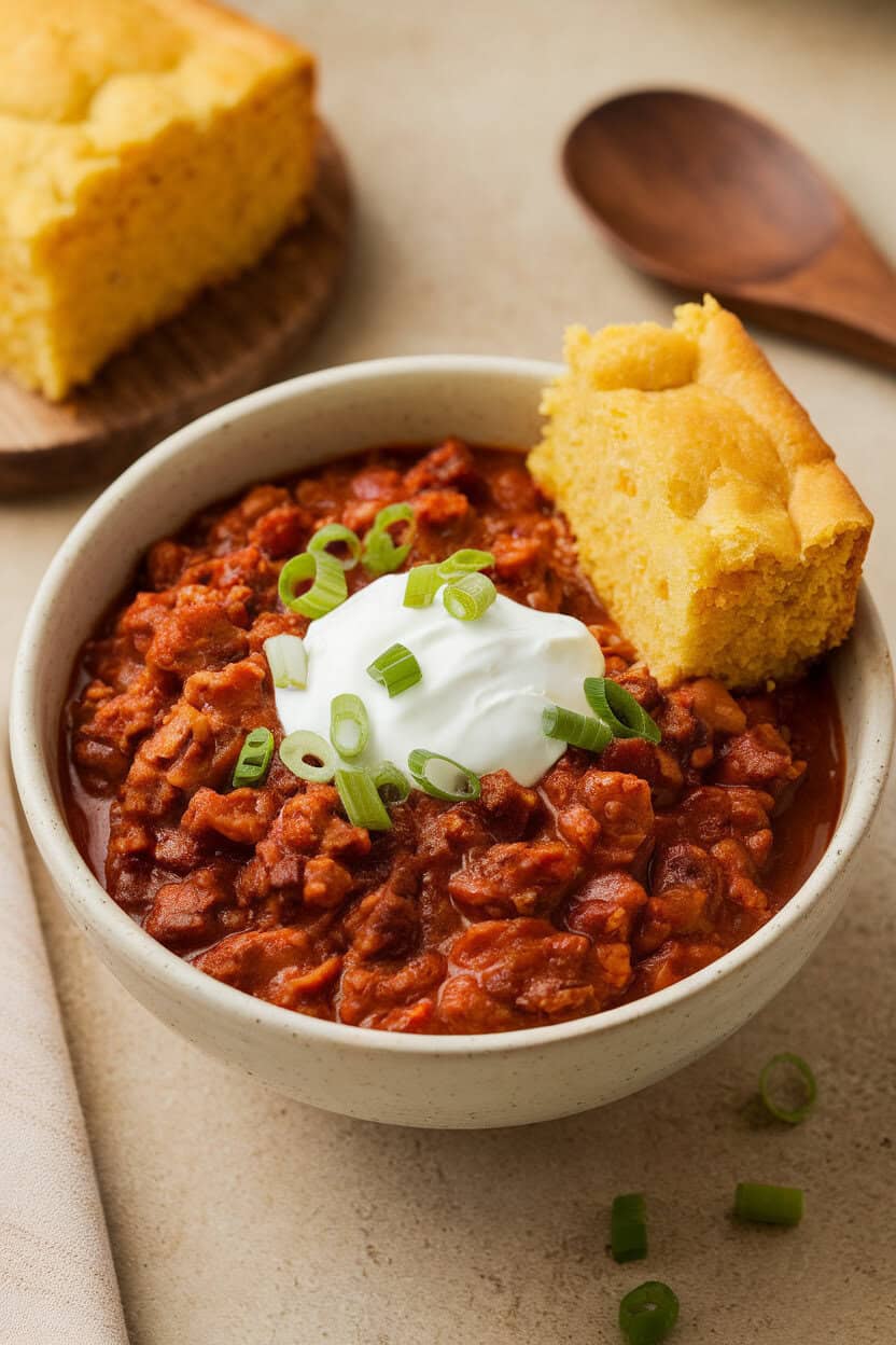 Photo of a bowl of thick cooked lamb chili topped with sour cream and scallions, indoor setting, no text or logos.