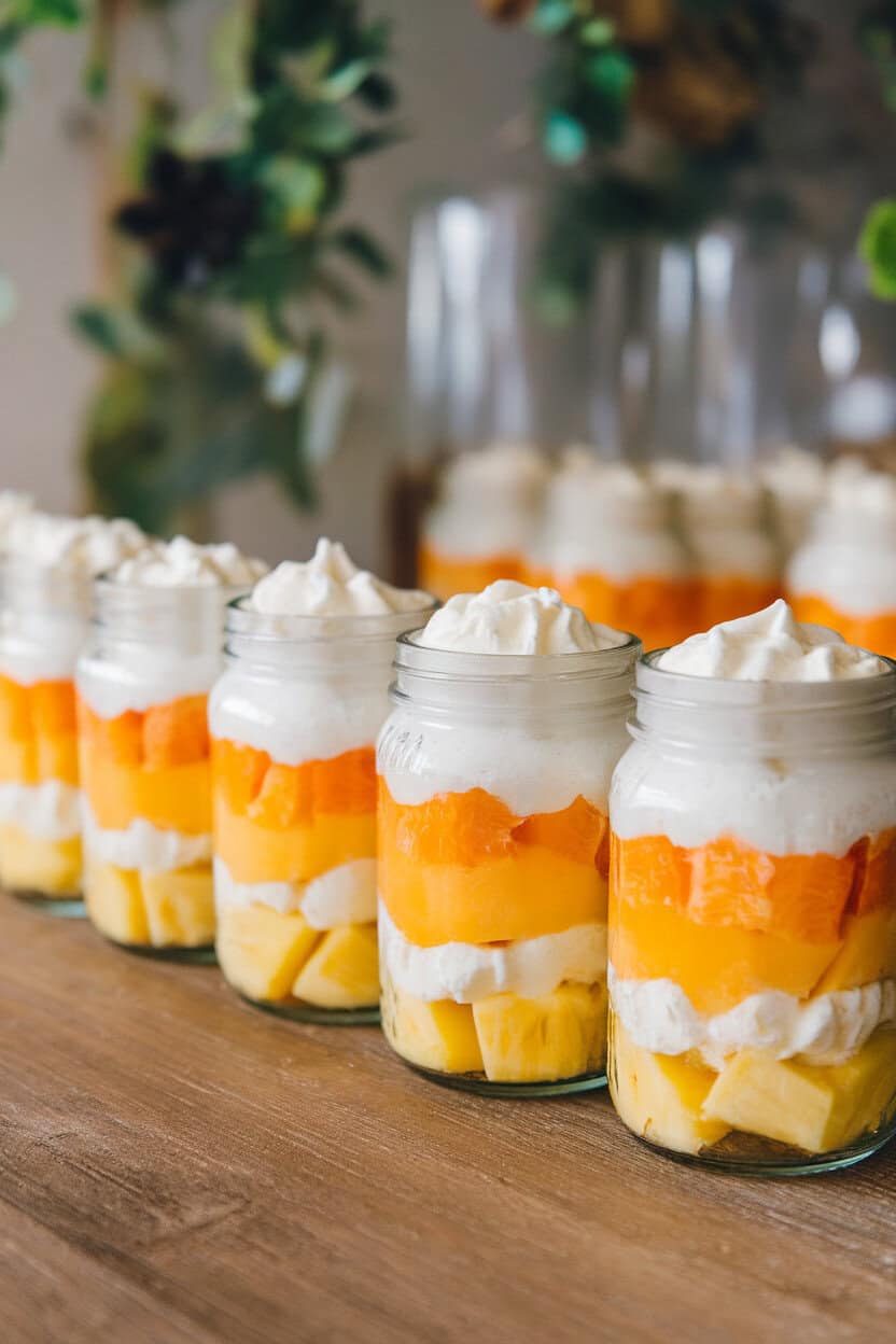 A row of small indoor glass jars layered with pineapple chunks, orange segments, and whipped cream to mimic candy corn stripes. No logos or text, photo only.
