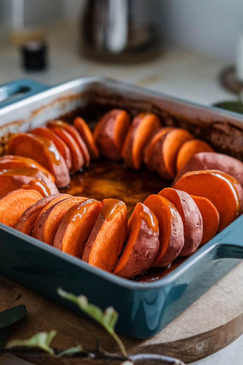 Photo of a baking dish indoors containing thick rounds of roasted sweet potatoes coated in maple-bourbon glaze, caramelized edges visible, no text or logos.