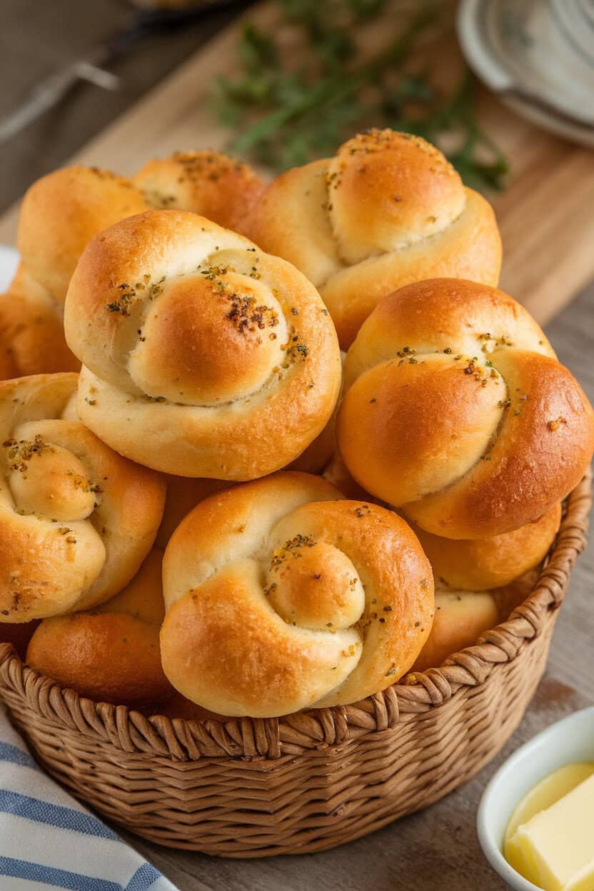 An indoor bread basket filled with golden garlic Parmesan knots, melted butter glistening on the surface. No text or logos. Photo, not an illustration.