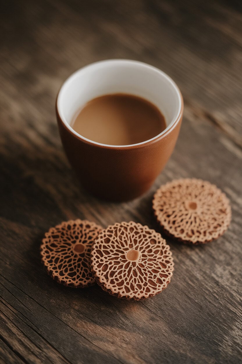 An indoor photo of lacy hazelnut florentines with a thin chocolate backing, stacked beside a cup of coffee. No text or logos.