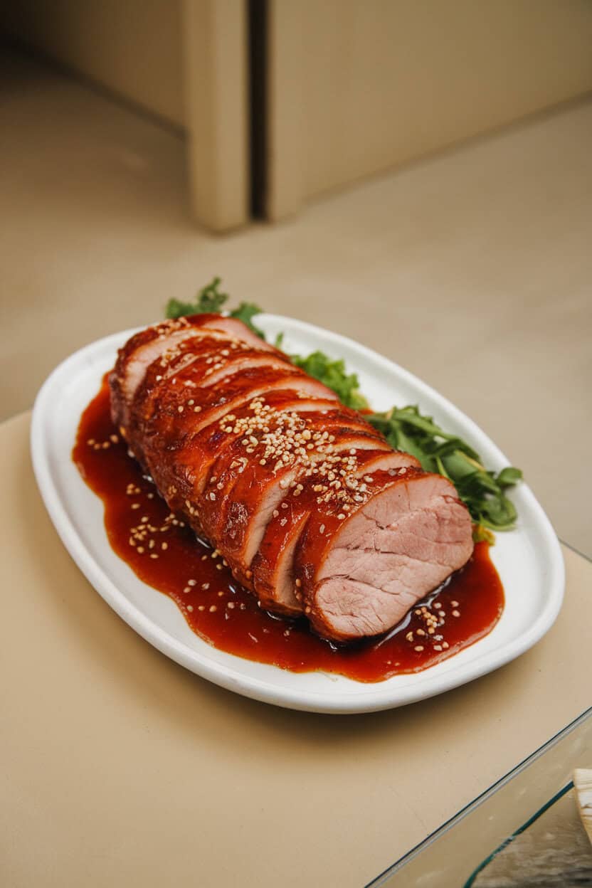 Indoor setting with sliced pork loin coated in glossy red gochujang glaze, sesame seeds sprinkled on top; no branding.