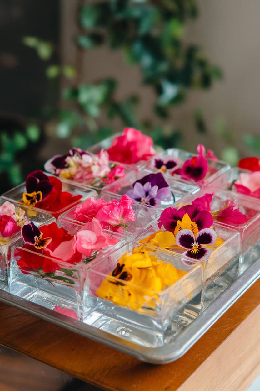 Indoor tray of large clear ice cubes each containing a colorful edible flower, ready to drop into drinks, no text or logos.