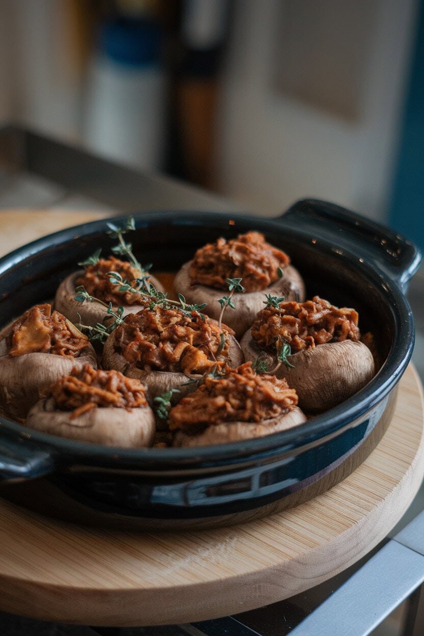 Photo taken indoors of a dark ceramic dish showcasing mushrooms stuffed with porcini ragù, thyme leaves sprinkled over. No text or logos.