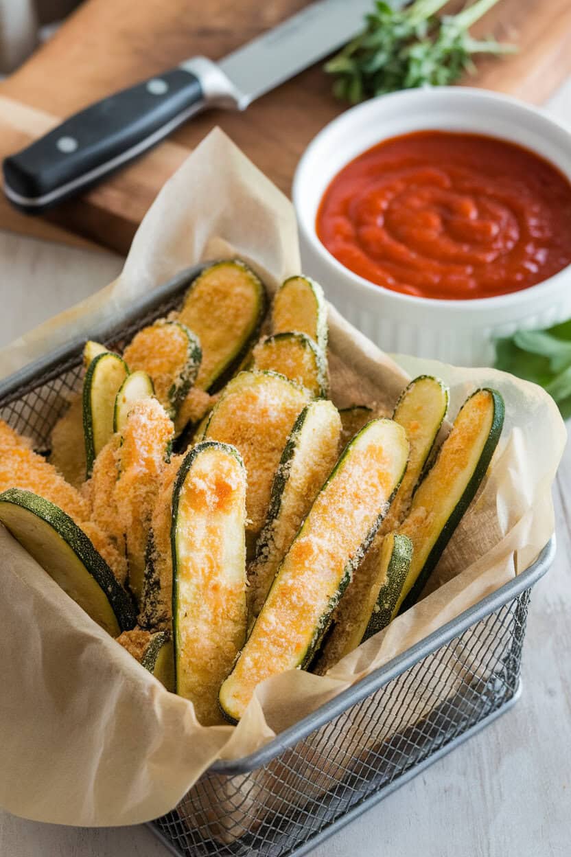 Photo of a metal basket indoors lined with parchment, filled with baked zucchini fries coated in parmesan, marinara dip beside it; no logos