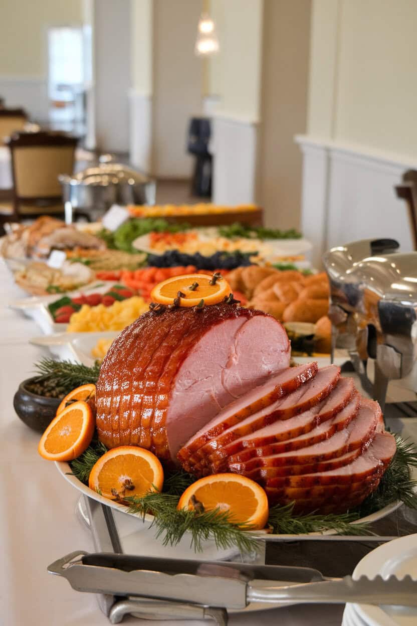 An indoor buffet table featuring a sliced spiral ham coated in shiny honey glaze, garnished with orange slices and cloves—no text or logos.