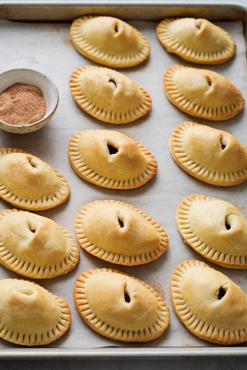 Indoor baking tray lined with golden hand pies, crimped edges neat, a small bowl of cinnamon sugar to the side. No text or logos. Photo only.