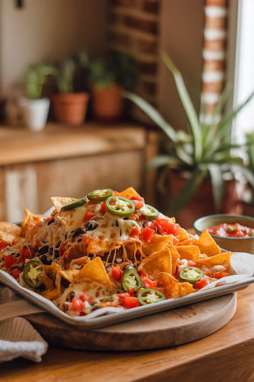 Warm indoor kitchen table showcasing a sheet pan piled with tortilla chips, melted cheese, jalapeños, black beans, and diced tomatoes, no text or logos, photo style