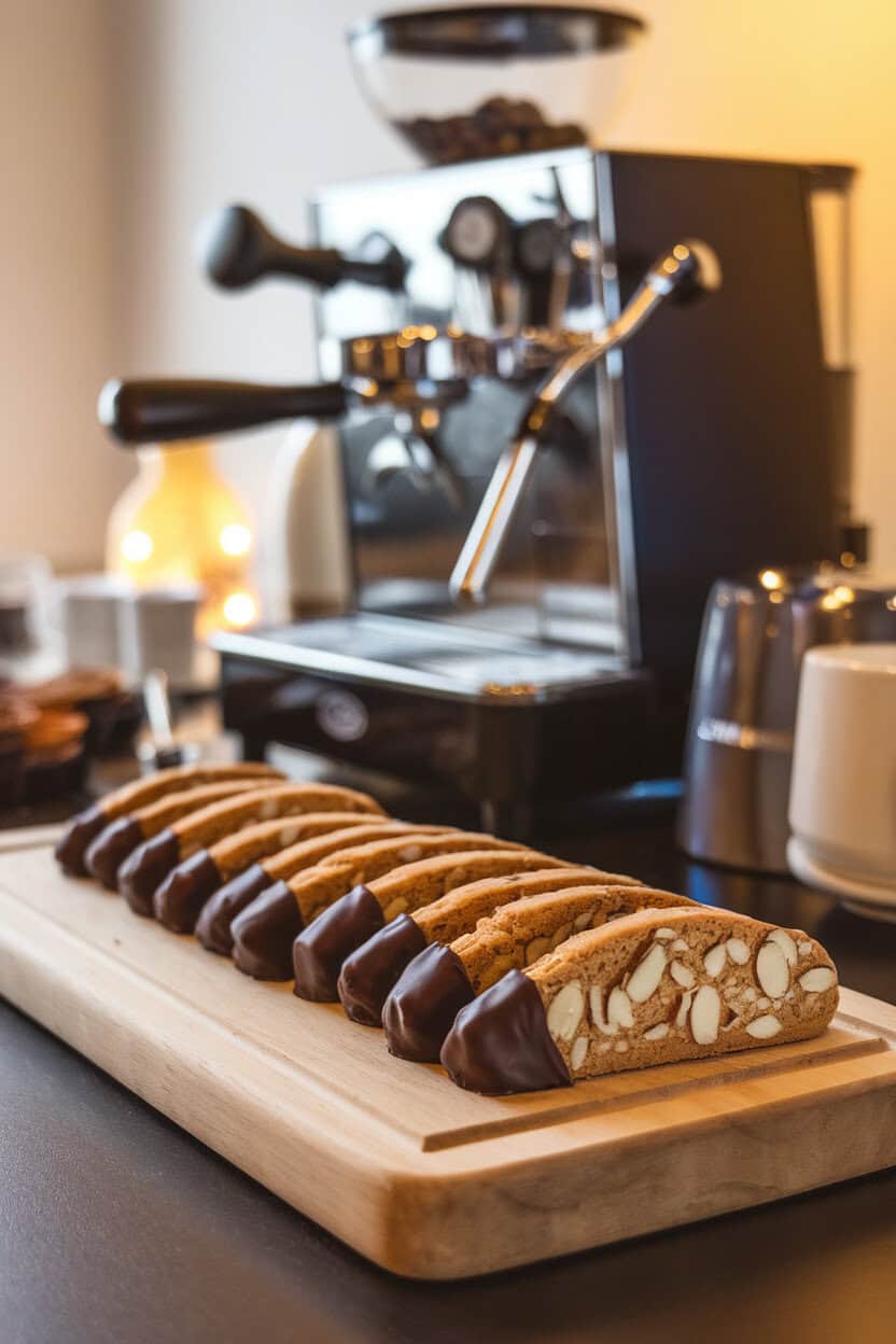 Indoor coffee bar setup with a row of almond biscotti half-dipped in dark chocolate, no branding anywhere.