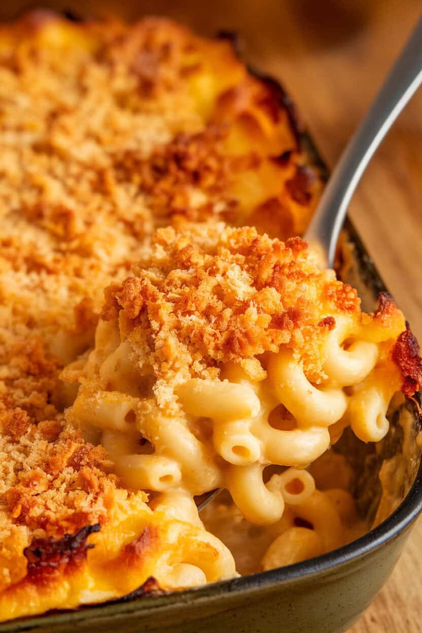 An indoor close-up of a baked dish of macaroni and cheese, crunchy breadcrumb topping browned and bubbling around the edges, a serving spoon mid-scoop. No text or logos present. Photo, not illustration.