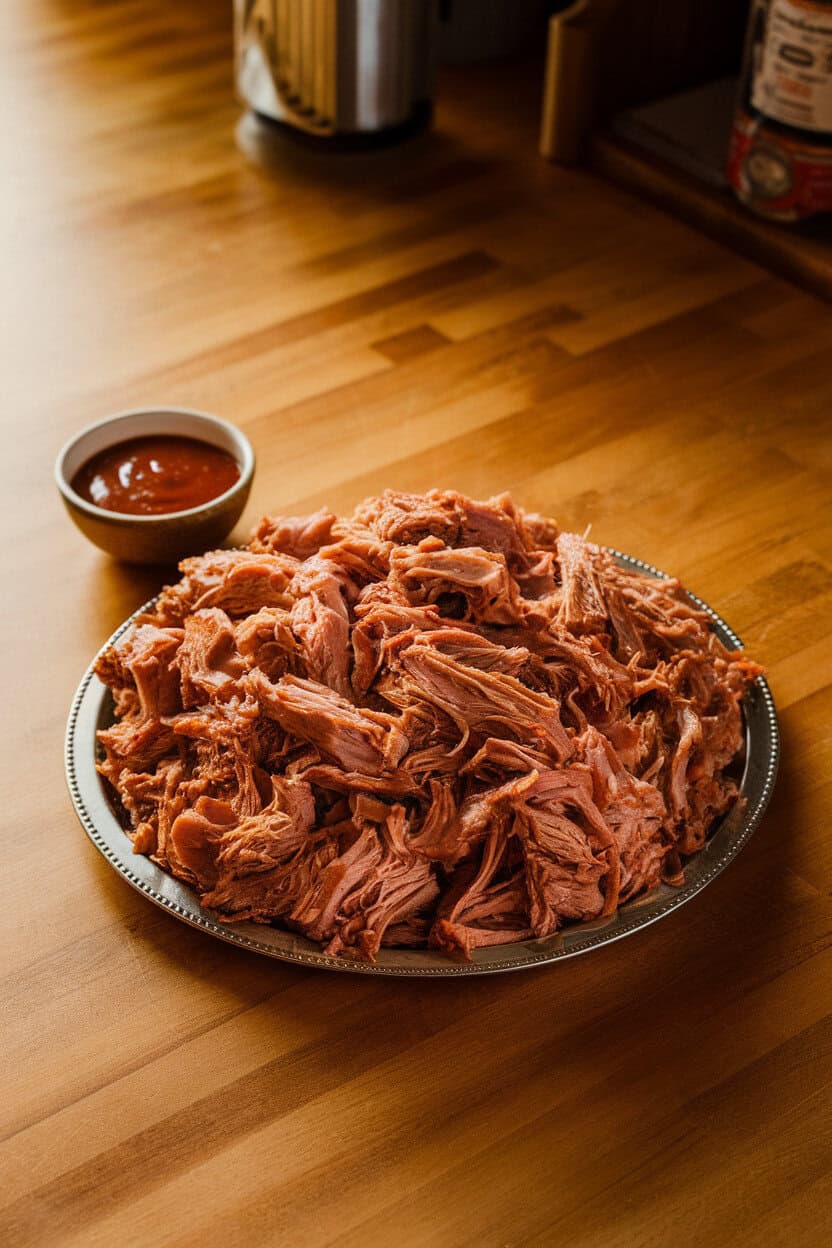 An indoor kitchen counter displaying a platter of shredded pulled pork, lightly sauced, with a small bowl of barbecue sauce on the side. Warm lighting and no visible text or logos. Photo, not an illustration.