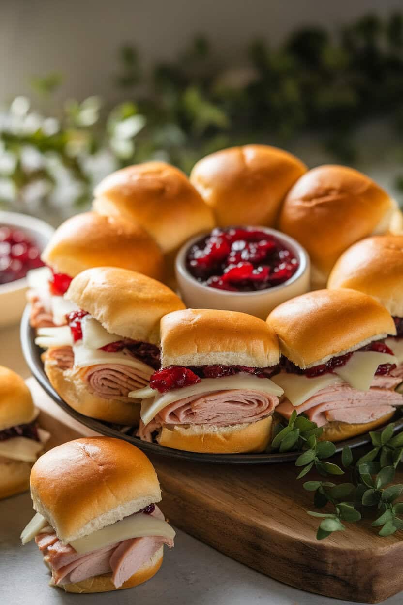 Indoor platter of mini slider buns filled with sliced turkey, cranberry sauce, and melted Swiss cheese, photographed under soft lighting. No logos or wording.