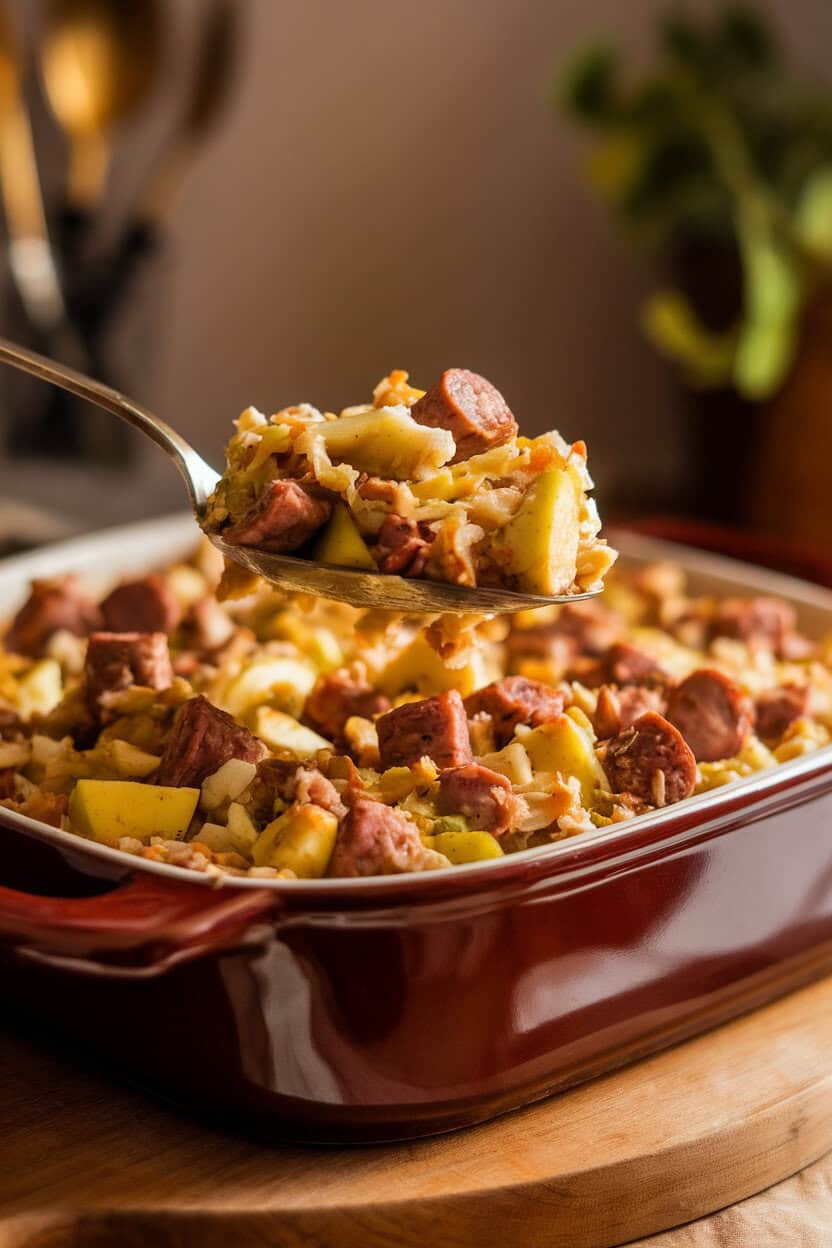Photo of a spoon lifting hearty sausage and apple dressing from a ceramic baking dish, warm indoor lighting. No text or logos.