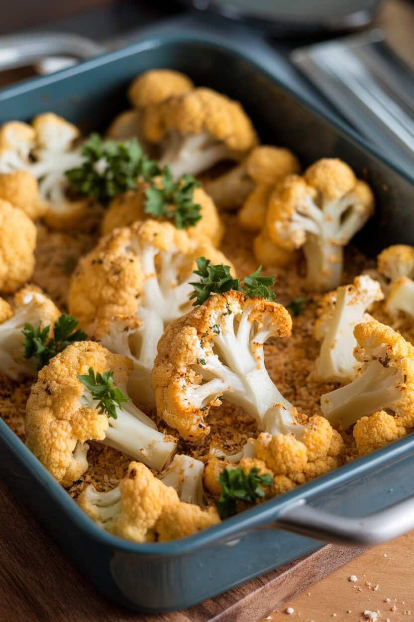 An indoor baking dish filled with golden cauliflower florets coated in Parmesan crumbs, parsley sprinkled on top. No logos visible. Photo, not illustration.