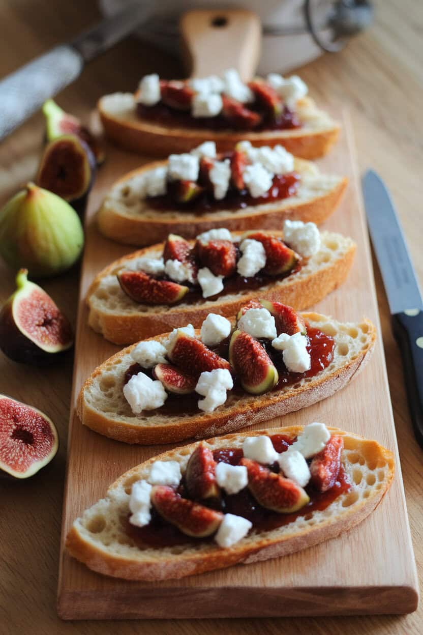 An indoor serving board lined with toasted baguette slices topped with fig jam and goat cheese crumbles—no text or logos.
