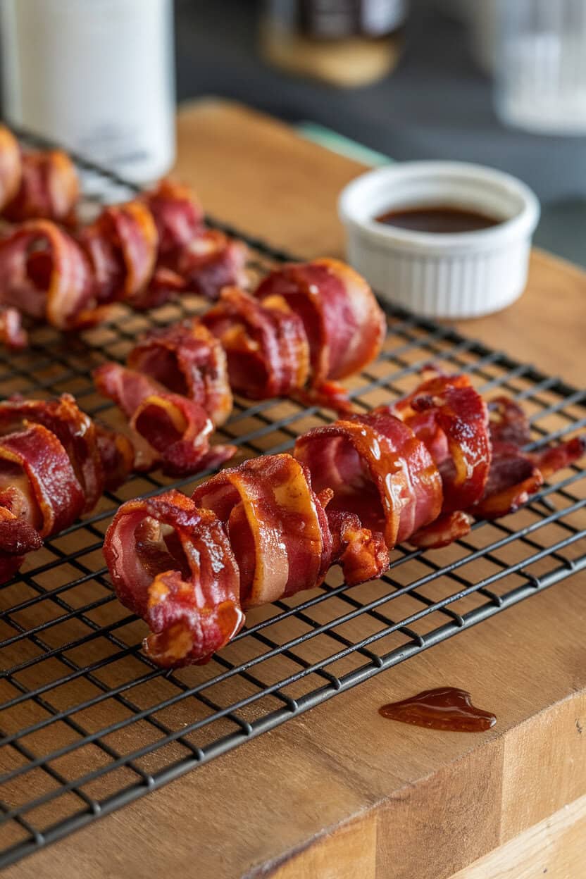 Indoor baking rack holding crispy bacon strips twisted into spirals and lacquered with maple syrup, a small ramekin of extra glaze nearby. No text or logos. Photo, not illustration.