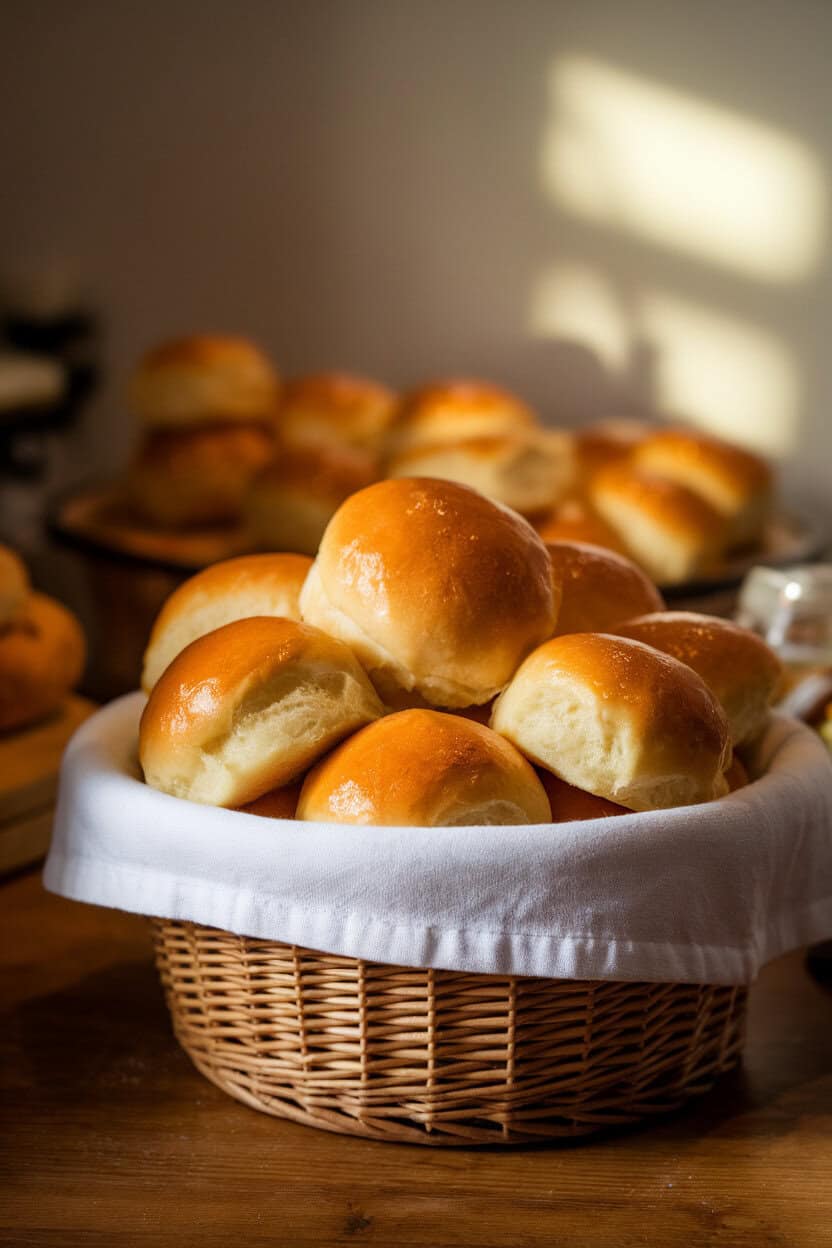 A basket indoors lined with a white cloth, overflowing with golden dinner rolls that glisten with a butter glaze. No branding or text visible.