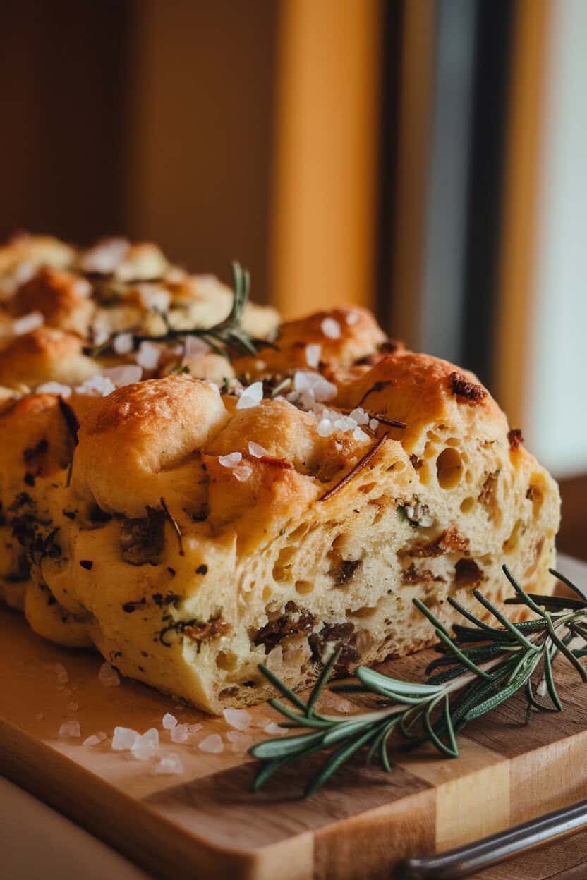 A cutting board indoors displaying a casserole of focaccia stuffing with visible rosemary needles and sea salt crystals, warm light. No text or logos; photo only.