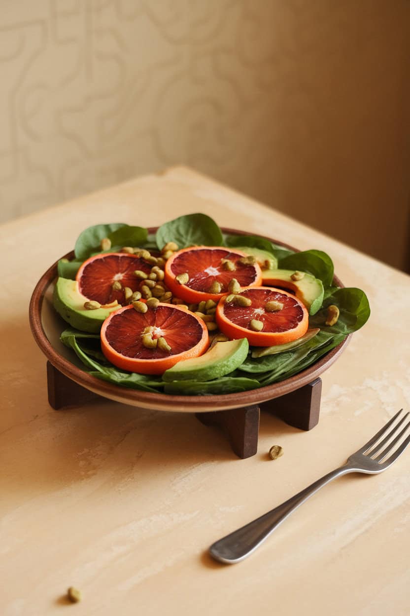 An indoor dining table presenting a ceramic plate of baby spinach topped with blood orange wheels, avocado slices, and scattered pepitas. No text or logos. Photo.