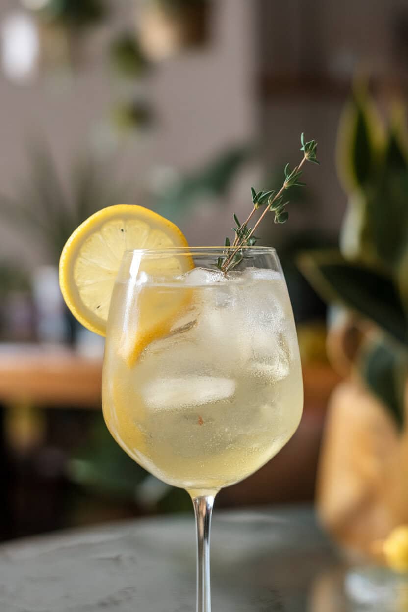 Wine glass indoors holding a pale yellow limoncello spritz with ice, lemon wheel, and a sprig of thyme. No logos or text.