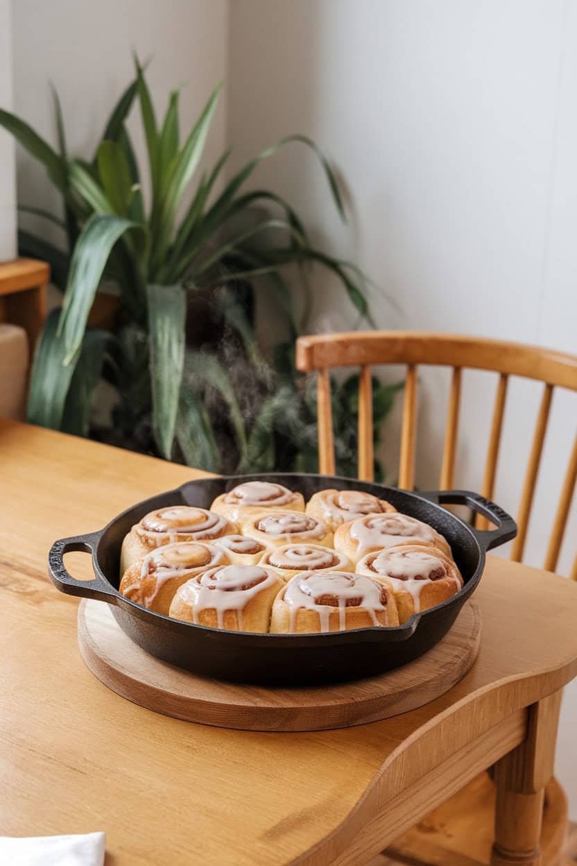 An indoor breakfast nook displaying a cast-iron skillet of cinnamon rolls dripping with maple glaze, steam just visible; no text or logos. Photo, not illustration.