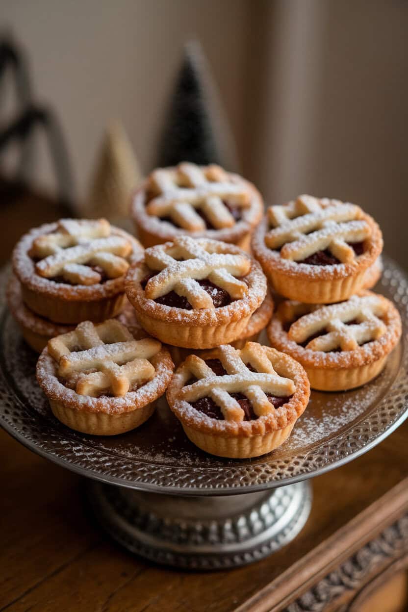 An indoor tea tray holding several bite-sized mince pies with golden lattice tops, a dusting of confectioners’ sugar falling like snow. No text or logos. Photo, not illustration.
