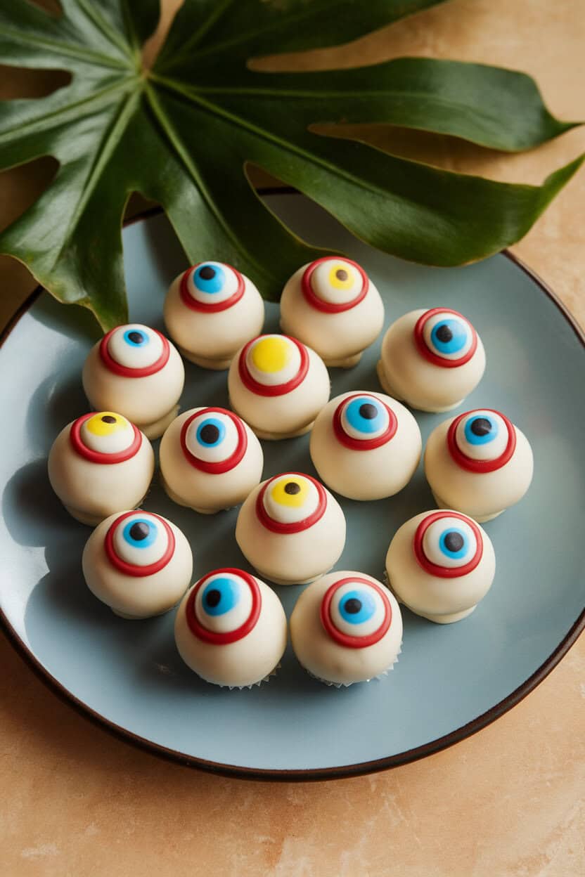 Photo, not illustration — indoor dessert plate of smooth white chocolate truffles with colored candy centers and red icing veins to resemble eyeballs; gentle evening light, no text or logos