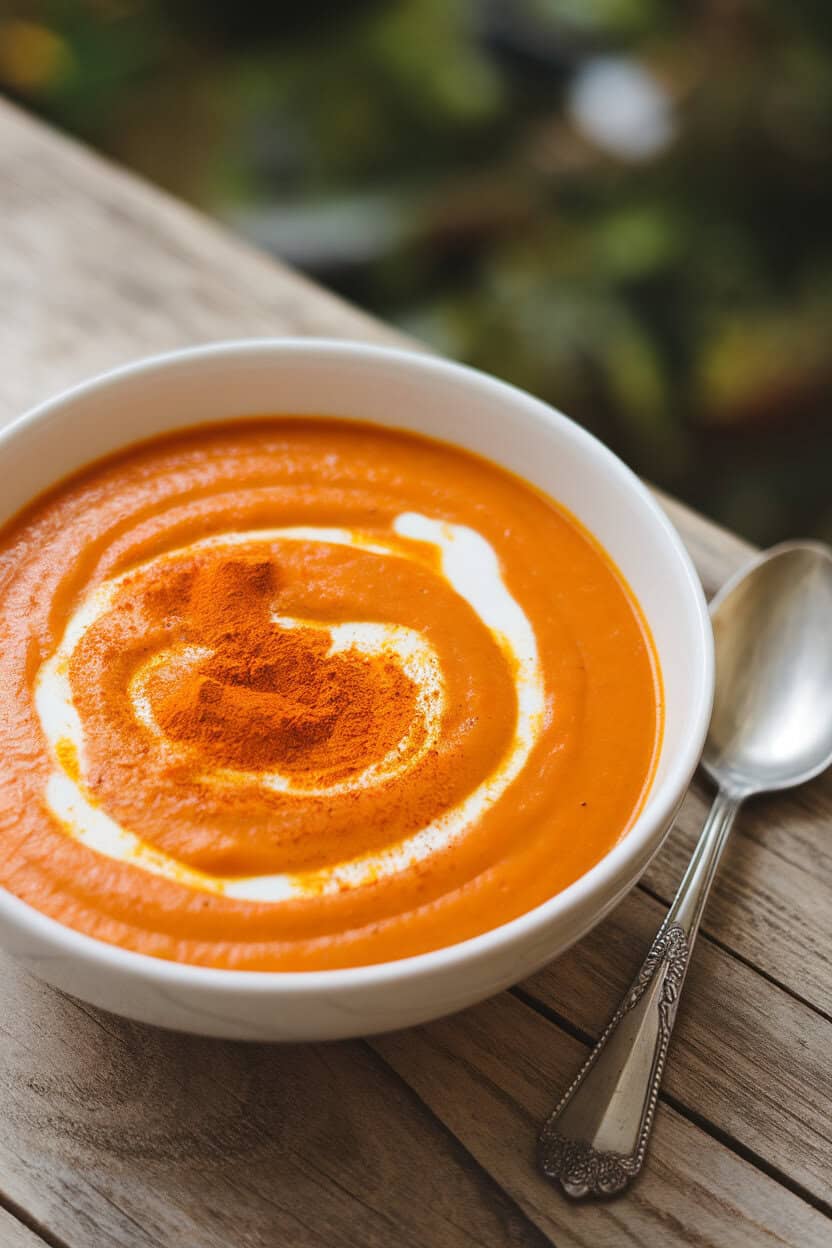 Indoor photo of vibrant orange carrot soup garnished with a swirl of yogurt and sprinkle of turmeric powder. No text or logos